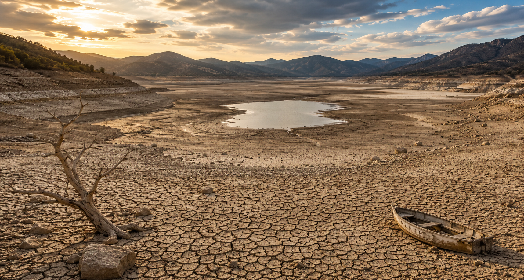 A dry reservoir illustrating prolonged water scarcity
